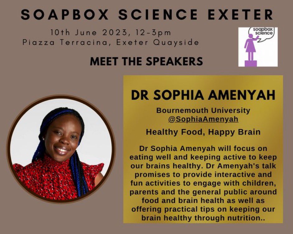 SoapboxExeter's tweet photo. “What we eat is largely governed by culture and by socio-economic circumstance” - check out this feature article on our speaker @SophiaAmenyah to hear more about her work on nutrition and healthy brains
@UniofExeterNews @bournemouthuni
@SoapboxScience
https://t.co/qm4kBTDtUg https://t.co/PTzSr1fgG2