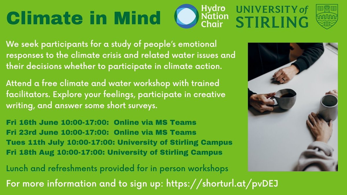We are seeking participants for online &amp; in-person climate workshops - explore your emotions about the climate crisis &amp; help us study what motivates people to take climate action
Info &amp; sign up: shorturl.at/pvDEJ
#ClimateCrisis #ClimateAtion #ClimateResearch <a href="/StirUni/">University of Stirling</a>