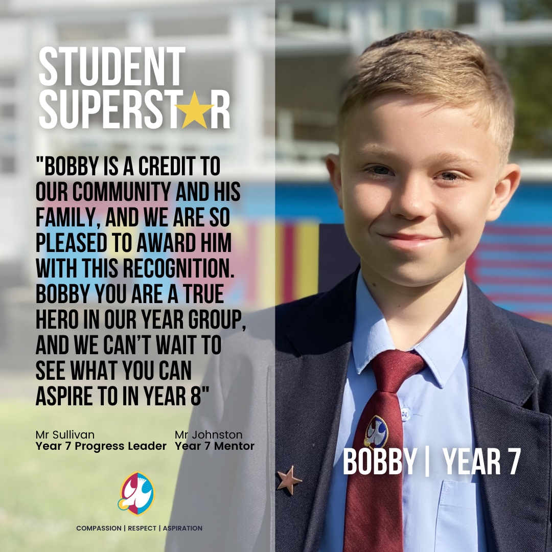 StsPnP's tweet photo. Former @olpsprimary & #Year7 student Bobby S is this week's #StudentSuperstar for exemplary work & for earning 313 achievement points. Progress Leader Mr Sullivan said, "Bobby you're a true year group hero & we can’t want to see what you aspire to in Year 8. Well done." #BePandP https://t.co/Paha28fFaX