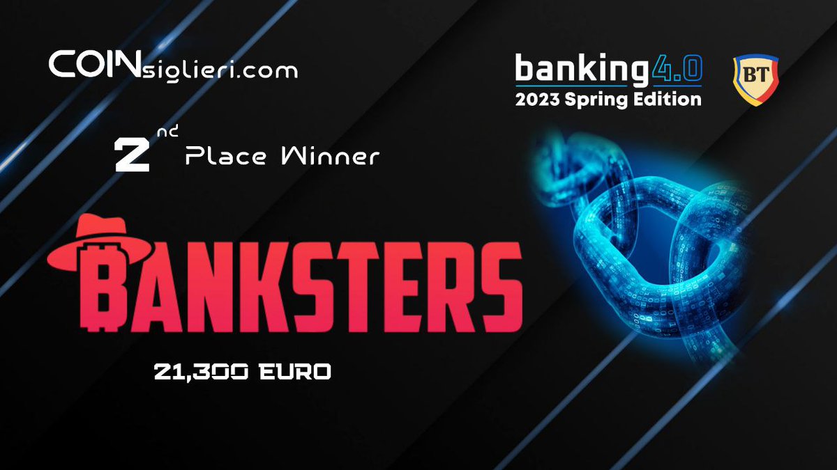 Great news #Banksters! 📈👀

Banksters just won 2nd place in a Web3 start-up competition organized by  <a href="/COINsiglieriRO/">COINsiglieri.com</a>, <a href="/Banking40/">Banking 4.0</a>, and <a href="/B_Transilvania/">Banca Transilvania</a>. 🚀

We are super excited to know that our project and game were validated by a Top #Web3 Jury and the attending Audience. 🌏