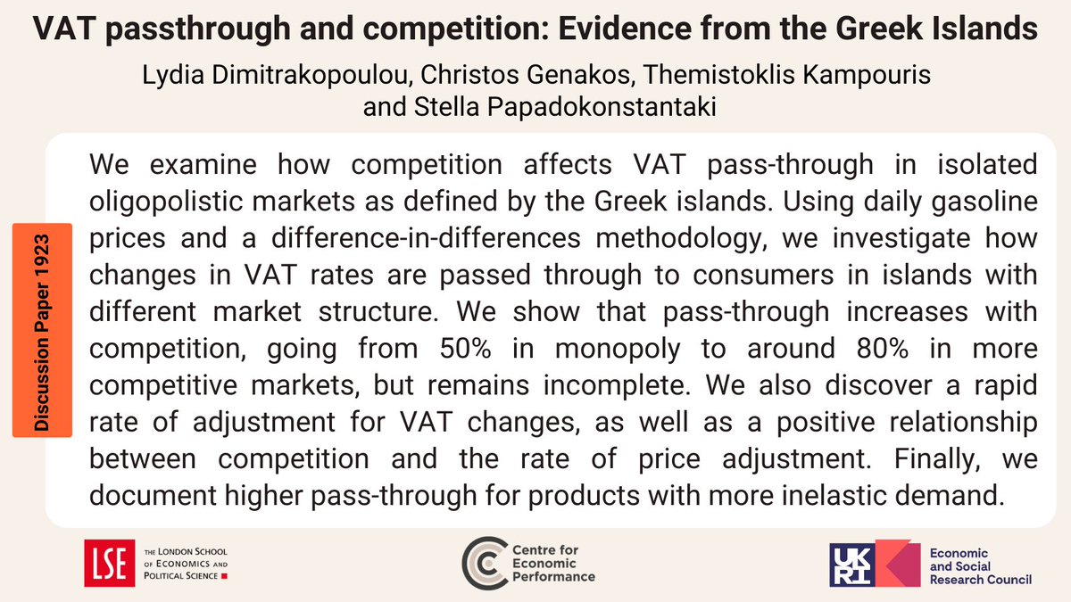 CEP_LSE's tweet photo. VAT passthrough and competition: Evidence from the Greek Islands by @LydiaDimitrakop @CGenakos @thkampouris &amp; @StellaPapadoko1 

Read: https://t.co/6Juk7KTtej https://t.co/qNf9o25Ire
