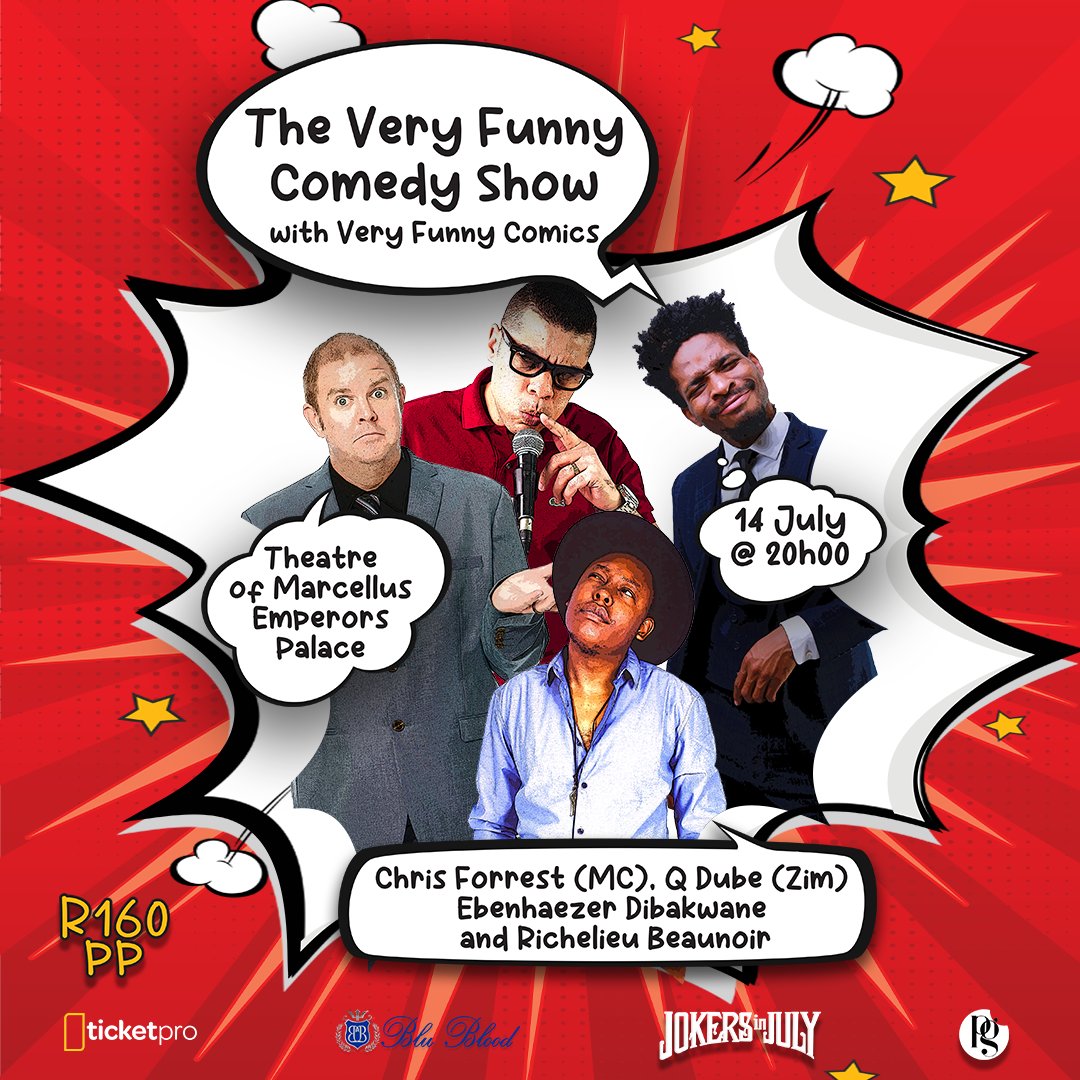 Get ready to roll with laughter at The Very Funny Comedy Show at Theatre of Marcellus, @EmperorsPalace on July 14. Featuring @ChrisForrestSA, Q Dube Siziba, @Our_Ebenhaezer @ @richelieub. Grab your tickets at @TicketProSA today bit.ly/3IW7DDN