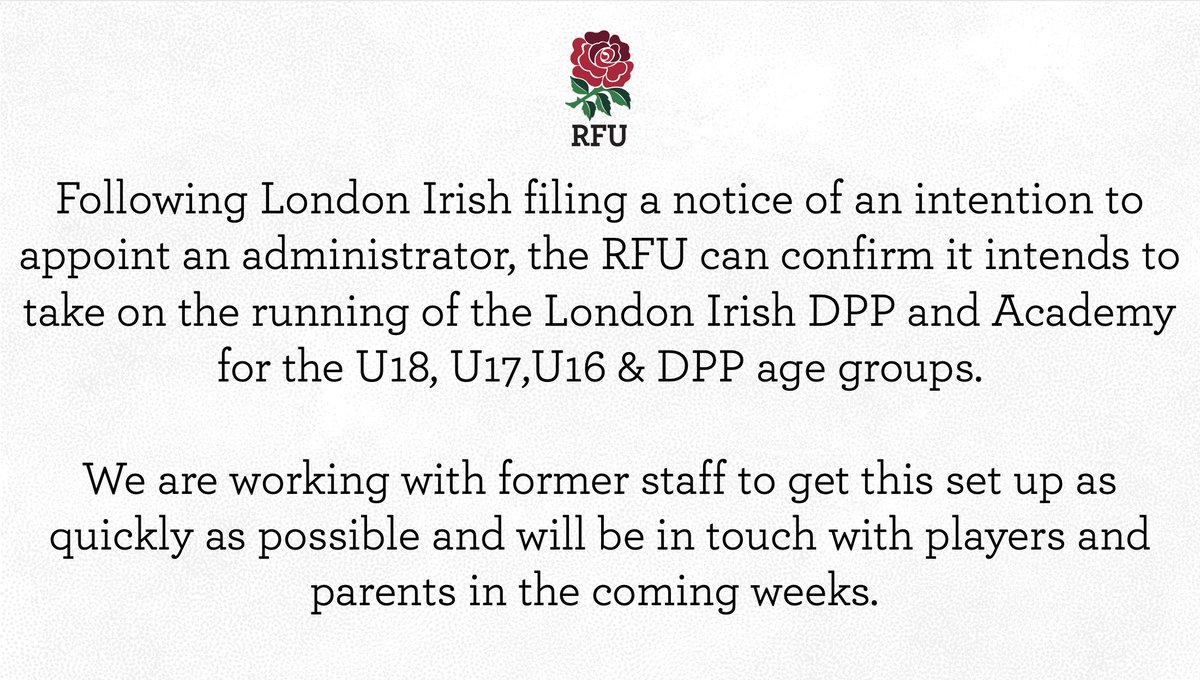 RFU Statement on London Irish Developing Player Pathway and Academy⬇️