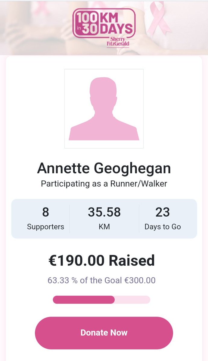 Annette Geoghegan (@nettegeoghegan) on Twitter photo Less than 10 days in and ⅓ of the way there 💪💪. Thanks to all who have donated so far
100kin30days.ie/fundraising/pr…
#pinkarmy <a href="/MarieKeating/">Marie Keating Foundation</a> <a href="/Sherry_Fitz/">Sherry FitzGerald</a> Less than 10 days in and ⅓ of the way there 💪💪. Thanks to all who have donated so far
100kin30days.ie/fundraising/pr…
#pinkarmy <a href="/MarieKeating/">Marie Keating Foundation</a> <a href="/Sherry_Fitz/">Sherry FitzGerald</a>
