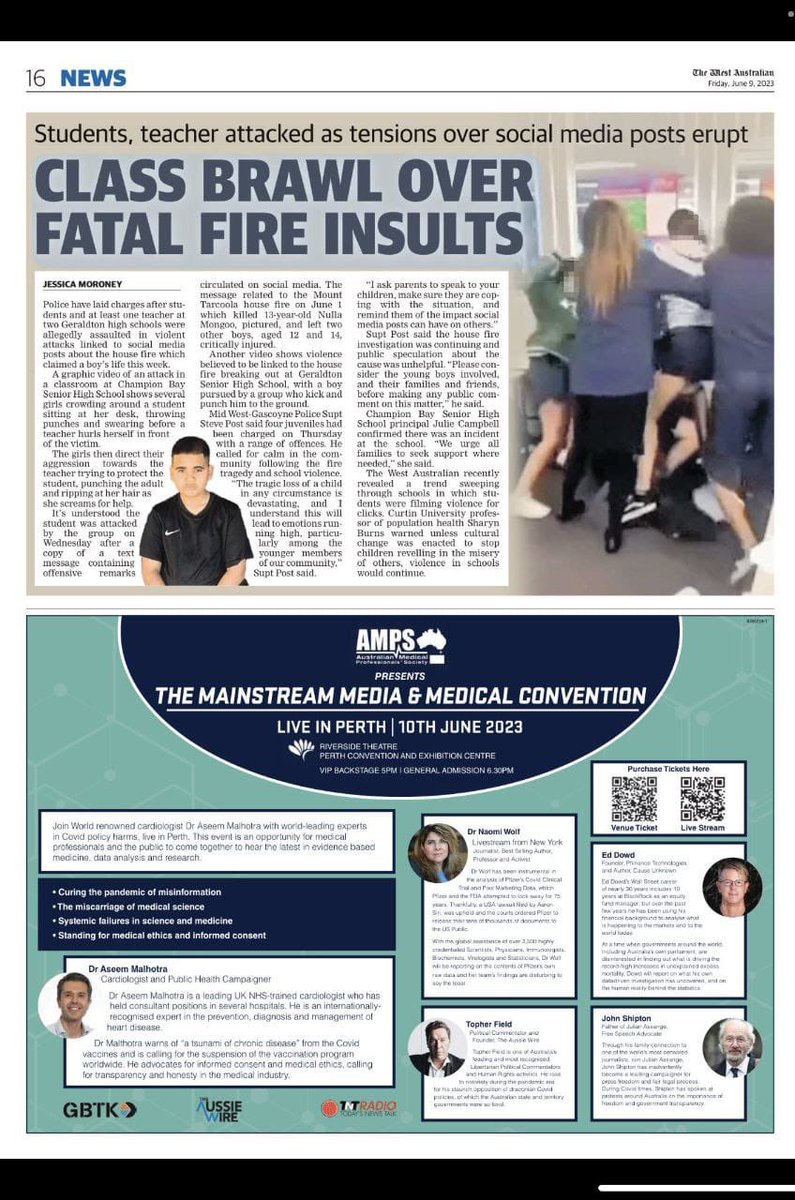 DrAseemMalhotra's tweet image. BREAKING :

Front page The West Australian Newspaper features the big health event taking place tomorrow in Perth.

‘THE CURE IS WORSE THAN THE DISEASE’

The REAL truth on what’s driving the pandemic of chronic disease continues to reach millions.

This is 🔥

Let’s do this 👊