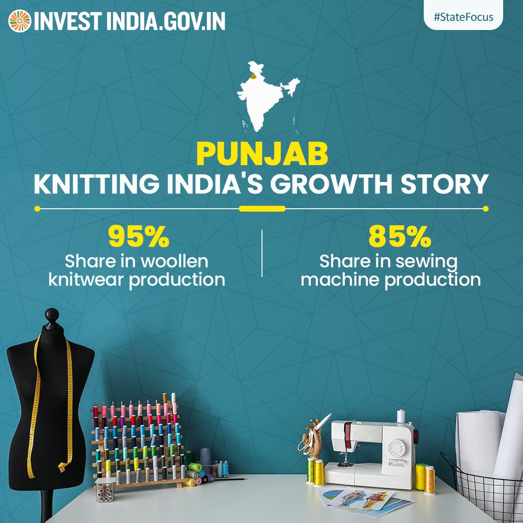 #StateFocus

#DidYouKnow: #Punjab is the leading hub for textile-based industries such as apparel manufacturing, spinning & hosiery exports.

Explore more at bit.ly/II-Punjab

#InvestInPunjab #InvestInIndia #Textiles #ApparelManufacturing @PunjabGovtIndia @BhagwantMann