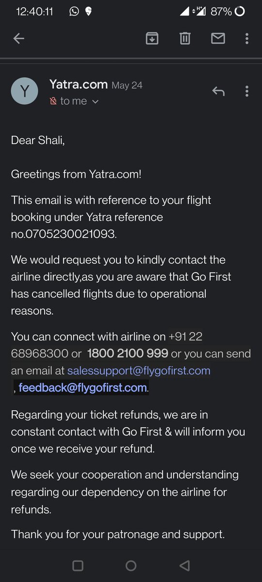 SohailShali's tweet photo. @YatraOfficial it's been one month and I have not got refund when airlines itself has cancelled it and I request you to please stop advertising like zero cancellation charges. You are not giving the refund and blaming it on airlines. donno for how long should I wait. https://t.co/XPNUxsrPup