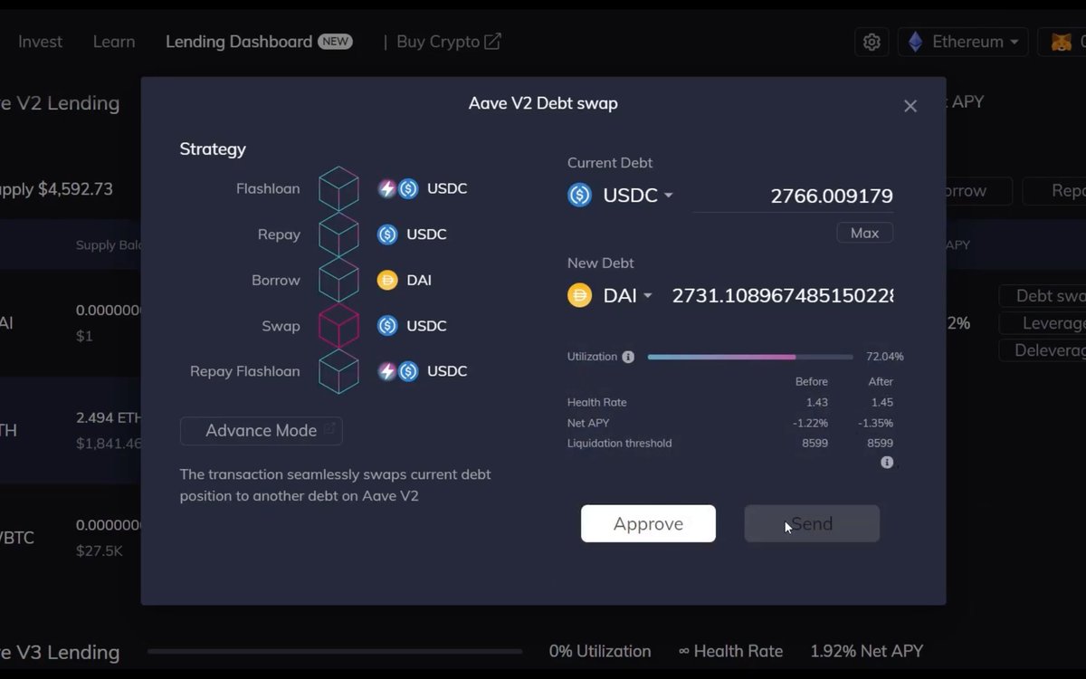 furucombo's tweet photo. Looking for a quick and easy way to swap your debt position on @AaveAave to reduce your borrowing risk and increase your APY earnings?
Utilize our lending dashboard to swap your debt positions effectively https://t.co/OarOX88t5r, only with just a few clicks!🤩
#combochallenge https://t.co/lvsNIBc8L1