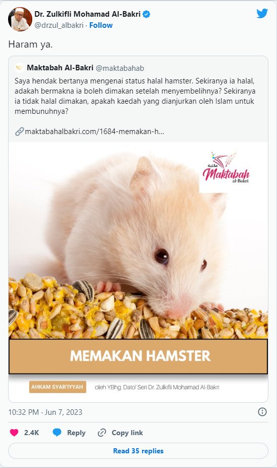 MrAzwanGhani1's tweet photo. Dr Zulkifli Mohamad Al-Bakri: Daging hamster adalah haram

Fikiran?

#Haram #hamster https://t.co/qc1Ab5bTFQ