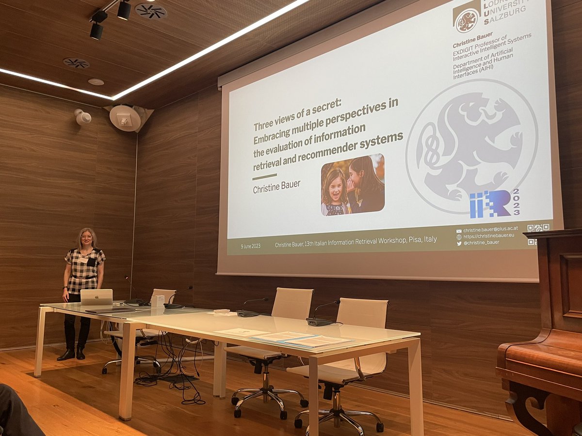 ntonellotto's tweet photo. @christine_bauer from @PLUS_1622 kicking off the second day of #IIR23 with a keynote on a secret concerning IR and RS 😳 More info at https://t.co/Lyjly9E9MY https://t.co/Q3OfnKZQ4z