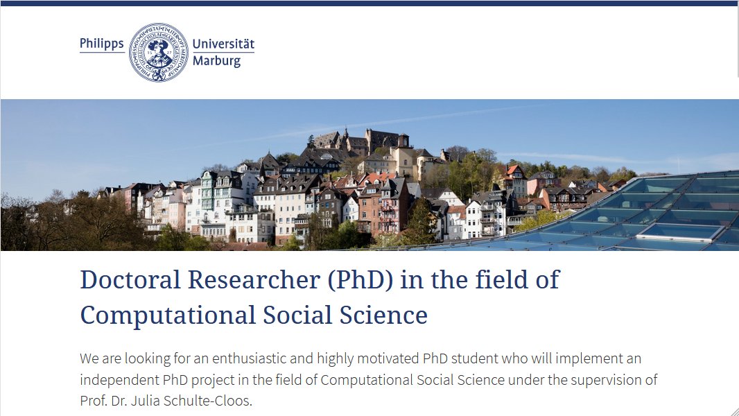 📢10 more days to apply for a PhD position in the field of Computational Social Science ✨Realise your own #CSS related PhD project ✨Get extensive support for summer schools & training ✨Become a part of the vibrant CSS community @Cultural_Data 🚀uni-marburg.de/I52CTd 🗓️18/6