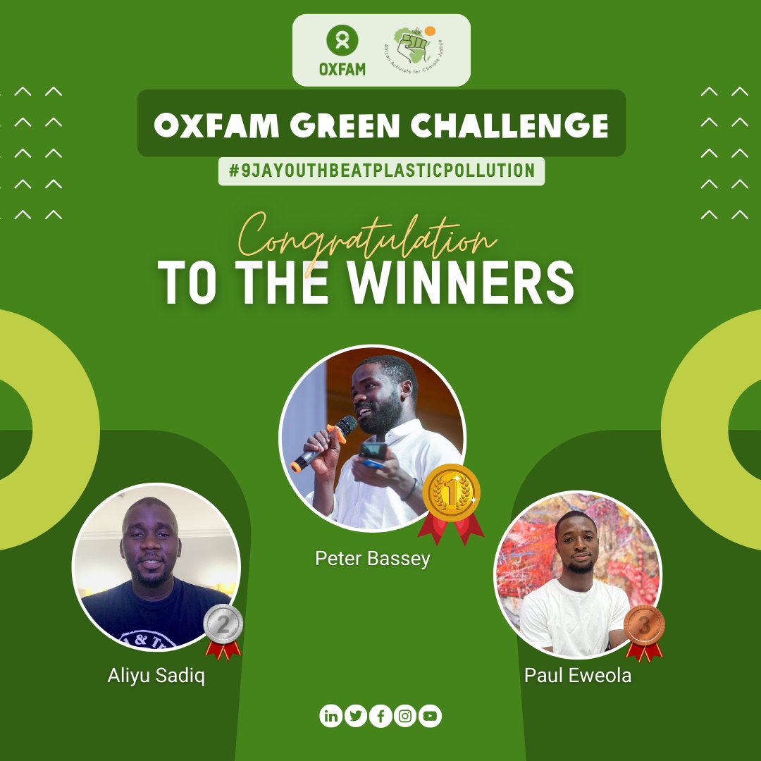 oxfaminnigeria's tweet photo. 🏆 We are thrilled to announce the winners of this year's #OXFAMGREENCHALLENGE! ♻ 🏅
Their unique ideas and unwavering dedication have left us inspired. These young changemakers are leading the charge against plastic pollution.
#GreenHeroes #9jayouthbeatplasticpollution🌎💚✨ https://t.co/7R0qPKkMo5