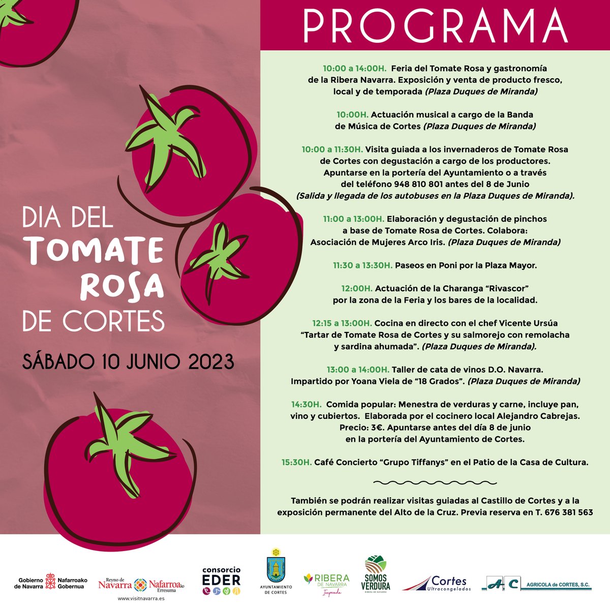 Mañana sábado tenemos una cita en Cortes para celebrar la fiesta de su fantástico tomate rosa 🍅 . Disfrutaremos de una gran variedad de actividades en torno al producto estrella de la localidad.
¡No te lo pierdas!
#Cortes #verdura #somosverdura #RiberaInesperada #tomaterosa