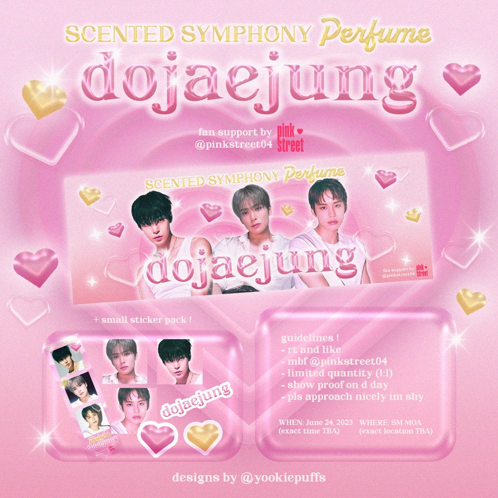 NCT DOJAEJUNG Scented Symphony: Perfume Fancon in Manila Fan Support ! 💗

How to claim: 

- like and rt
- mbf @pinkstreet04 
- limited quantity (1:1)
- show proof on d day 

exact time and loc tba ! 

#NCTDoJaeJung_Manila