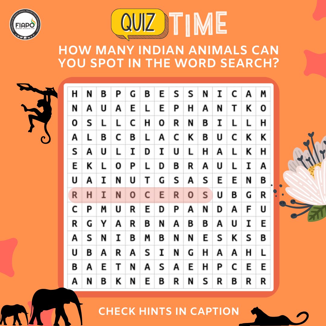 Can you spot the names of Indian animals hidden in this word puzzle?
Hint- One of the words is spelt backwards.
.
.
.
Answers- Elephant, Bulbul, Hornbill, Blackbuck, Rhinoceros, Red Panda, Kingfisher, Pheasant, Barasingha, Myna
#IndianWildlife #Biodiversity #Puzzle #Solve #FIAPO