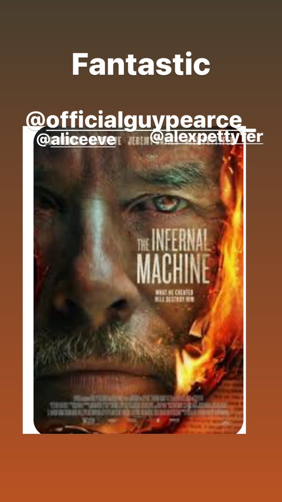 Any film with @TheGuyPearce in is a must see . The infernal machine had me hooked from start to finish .excellent actors /actresses #alexpettyfer @JAODavies @aliceeve @AndrewHunt311