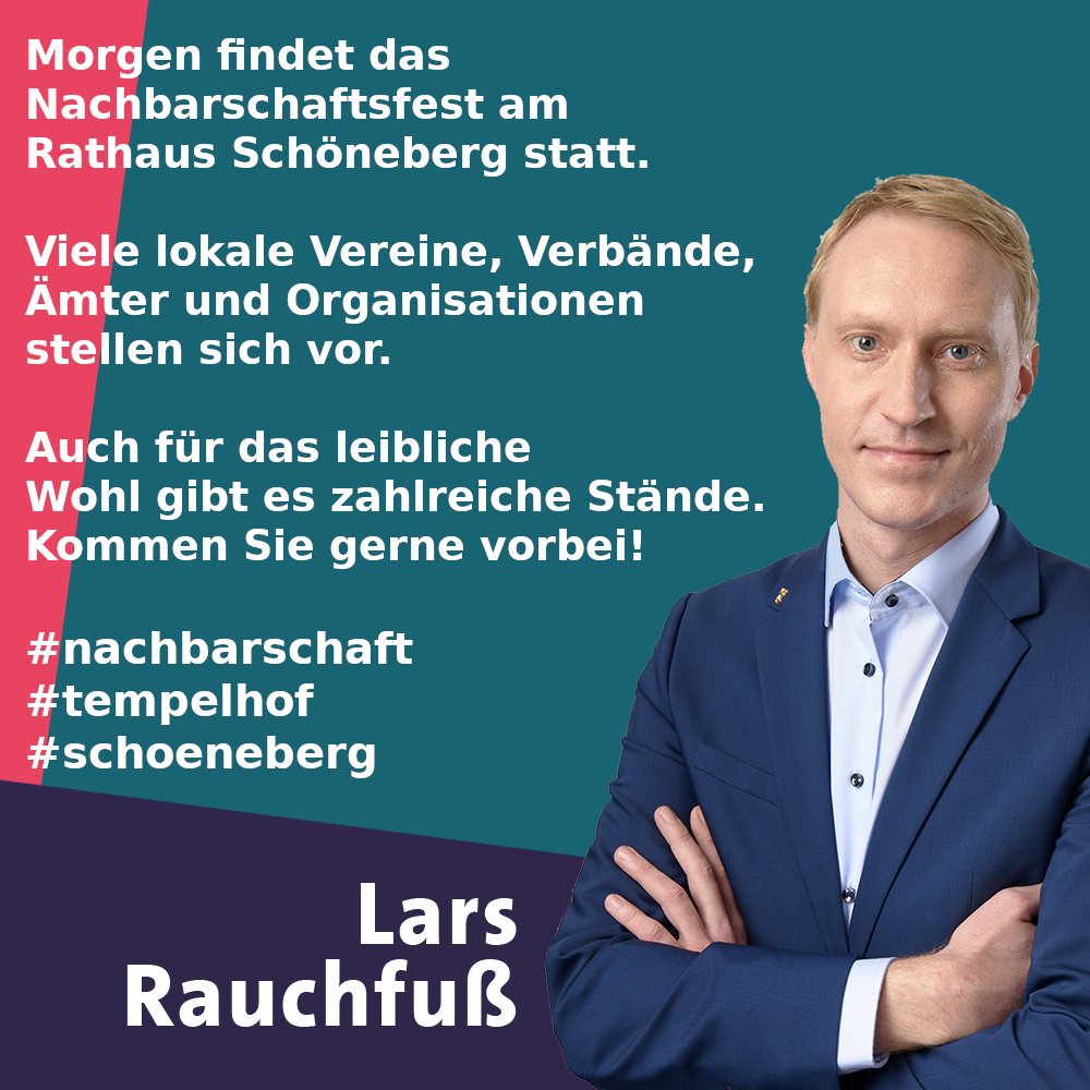 Morgen findet das
Nachbarschaftsfest am
Rathaus Schöneberg statt.

Viele lokale Vereine, Verbände, 
Ämter und Organisationen 
stellen sich vor.

Auch für das leibliche 
Wohl gibt es zahlreiche Stände. 
Kommen Sie gerne vorbei!

#nachbarschaft
#tempelhof
#schoeneberg