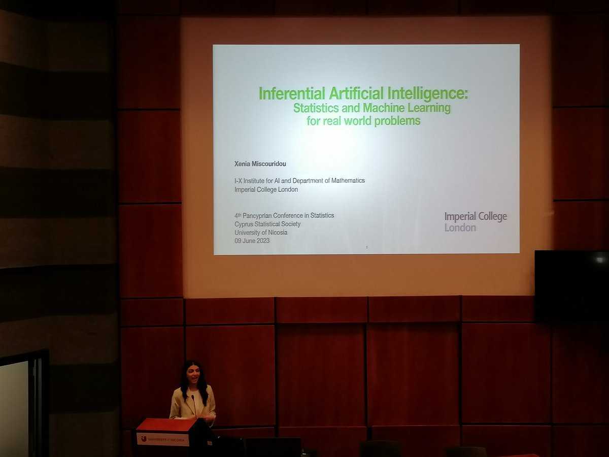 AilabUnic's tweet photo. Xenia Miscouridou keynote speaker on inferencial #ArtificialIntelligence at this year's Pancyprian #Statistics conference held at @UNIC_ENG https://t.co/bZoBopGSMi