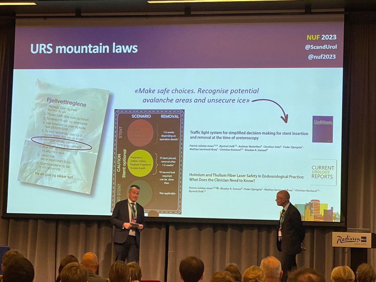 .<a href="/ScandUrol/">Scand. Assoc. Urol.</a> <a href="/nuf2023/">NUF2023</a> 
How to get patients stone free? 
@uropatrick &amp; <a href="/yvindUlvik/">Øyvind Ulvik</a> giving finalizing an excellent overview with the URS mountain laws (the Norwegian fjellvettreglene adapted) #NUF2023