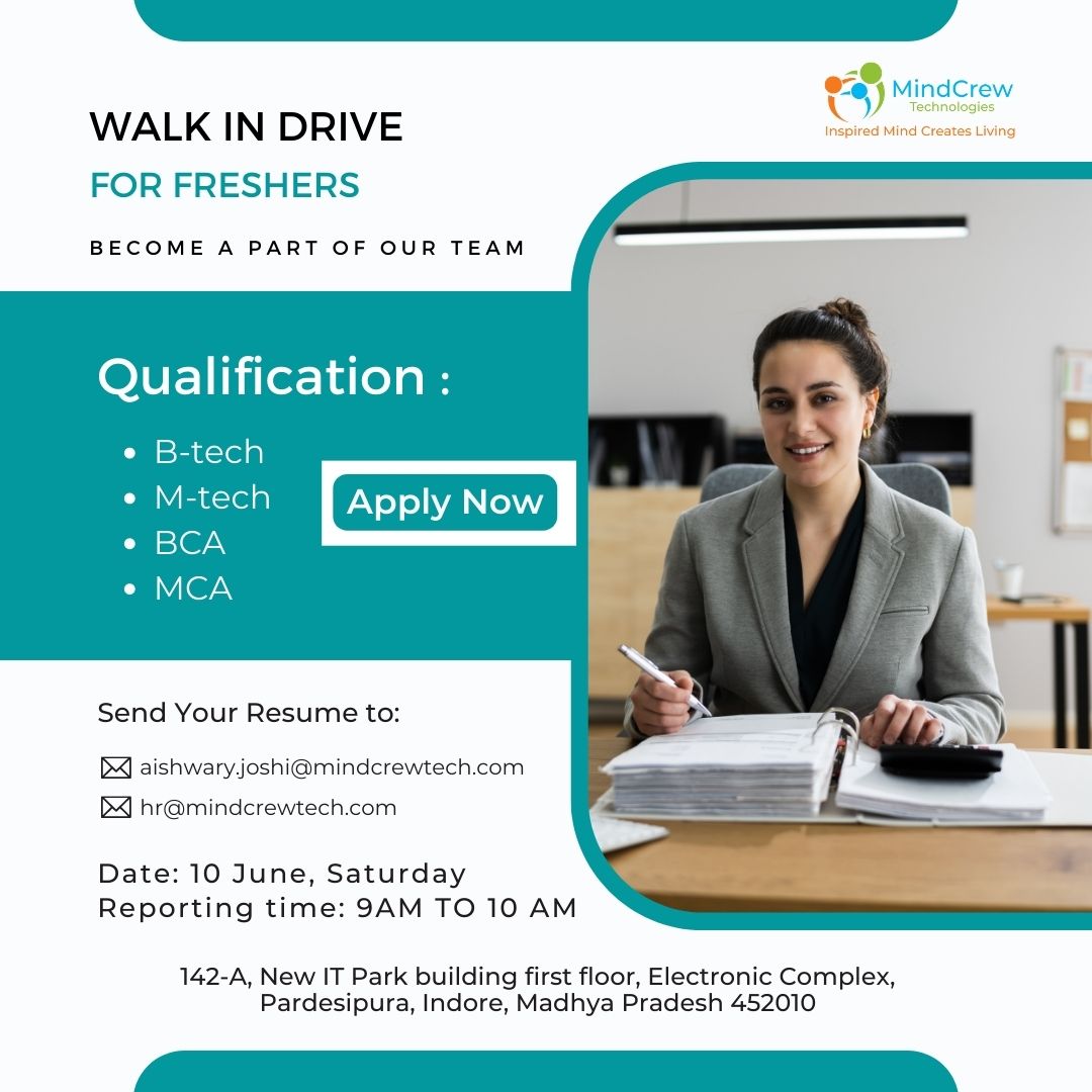 MindCrewTechno's tweet photo. 🚀🌟 Join MindCrew Technologies as a Software Developer! 💻👩‍💻

#mindcrewtechnologies #softwaredeveloper #walkindrive #FreshersWelcome #techjobs #indoretechscene #interview #jobseekers #jobsearch #walking #career #careeropportunities #softwareengineer #jointheteam https://t.co/vyTtTQqcKm