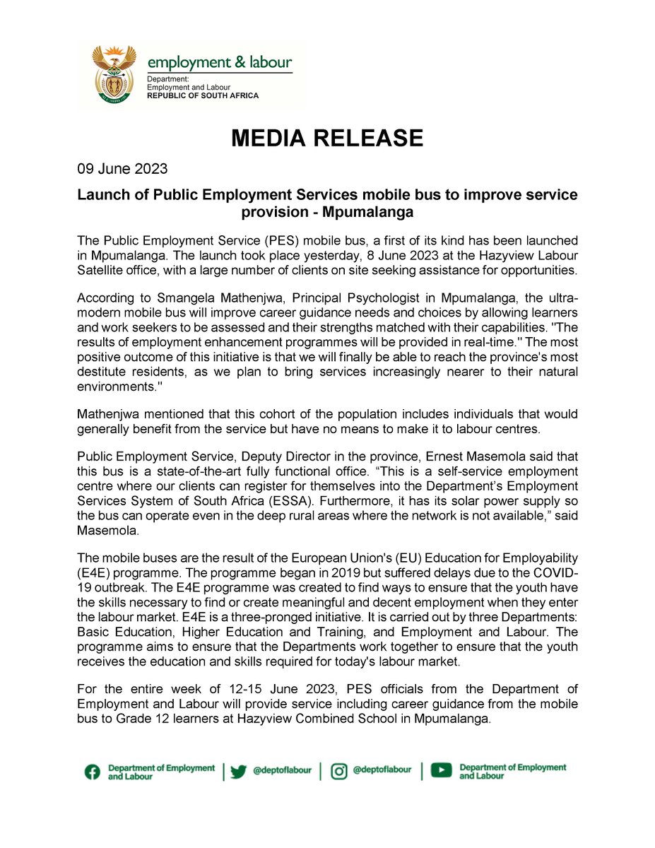 deptoflabour's tweet photo. [Media Release] Launch of Public Employment Services #mobilebus to improve service provision - Mpumalanga
 https://t.co/QVjLyfismd
#YouthMonth https://t.co/gk6YOKWegQ