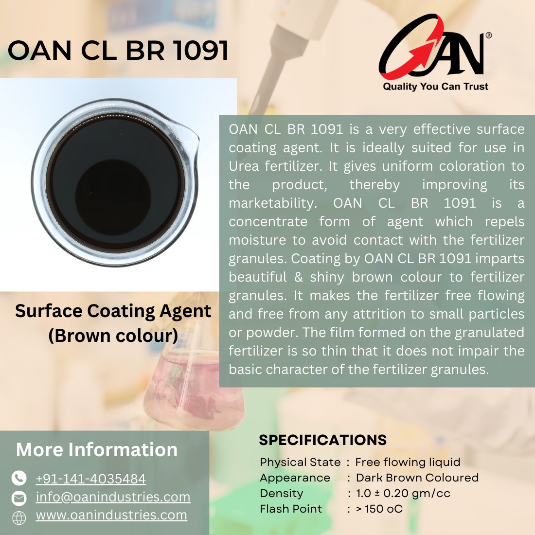 oanindustries's tweet photo. OAN CL BR 1091 - Surface Coating Agent (Brown Colour)
#surfacecoating #coatingagent #colouringagent #fertilizer #colouringcumanticakingagent #granularfertilizer #npk #dap #browncolour #uniformcoloration #fertilizeradditives #chemicalmanufacturing #oanindustries https://t.co/MvedThNH30