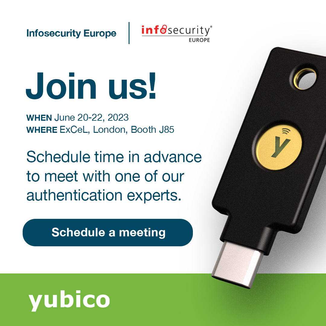 Yubico's tweet photo. We can't wait to be back in London this month for @InfoSecurity Europe! Stop by booth J85 to learn about modern, phishing-resistant MFA, or schedule time to meet with us here: https://t.co/ESl4mtYoBF. We hope to see you there! #InfoSec https://t.co/0HulpRw6B6