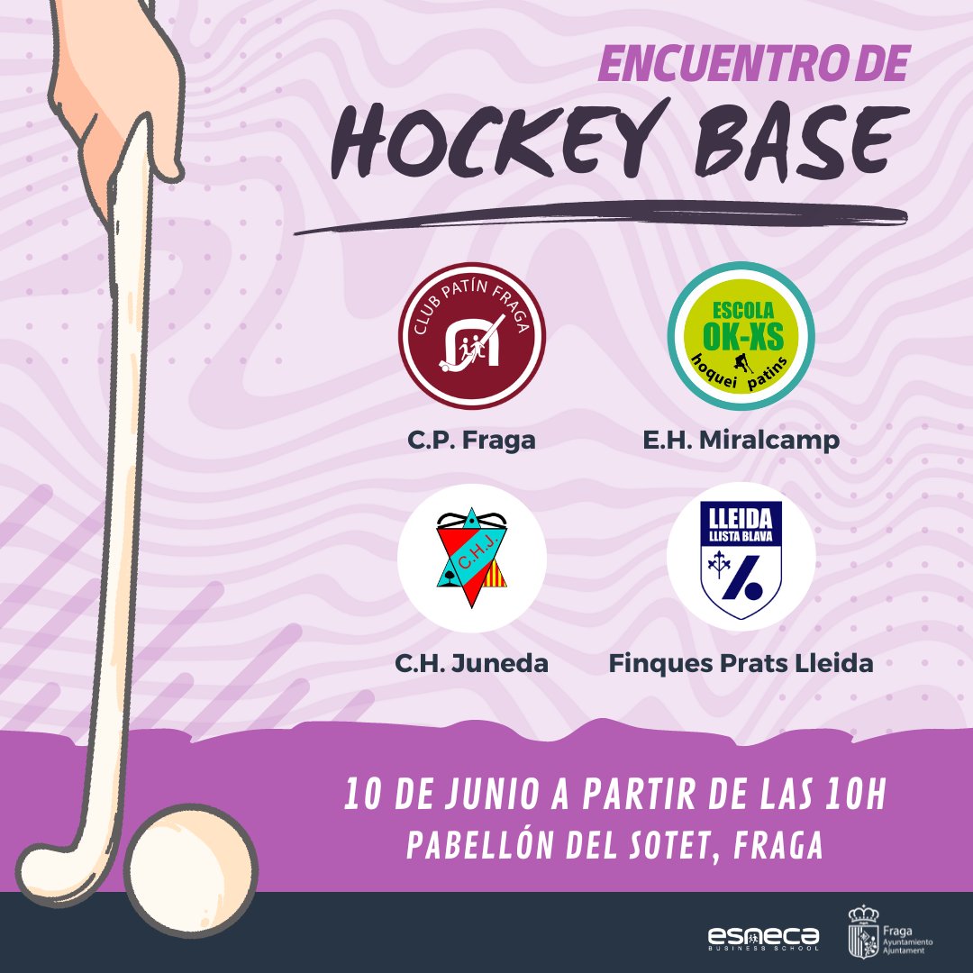 🏒HOCKEY PATINES INFANTIL🏒 📆 Sábado 10 de junio.  🕗Hora: Escuela + Iniciación: 10:00h-10:45h. Prebenjamín: 10:45h-11:30h. Benjamín: 11:30h-12:15h. Alevín: 12:15h-13:00h. 📍Lugar: Pabellón del Sotet, Fraga. ¡Os esperamos!😍 @FragaAyto @ESNECA @hockeymania @AzemadSport