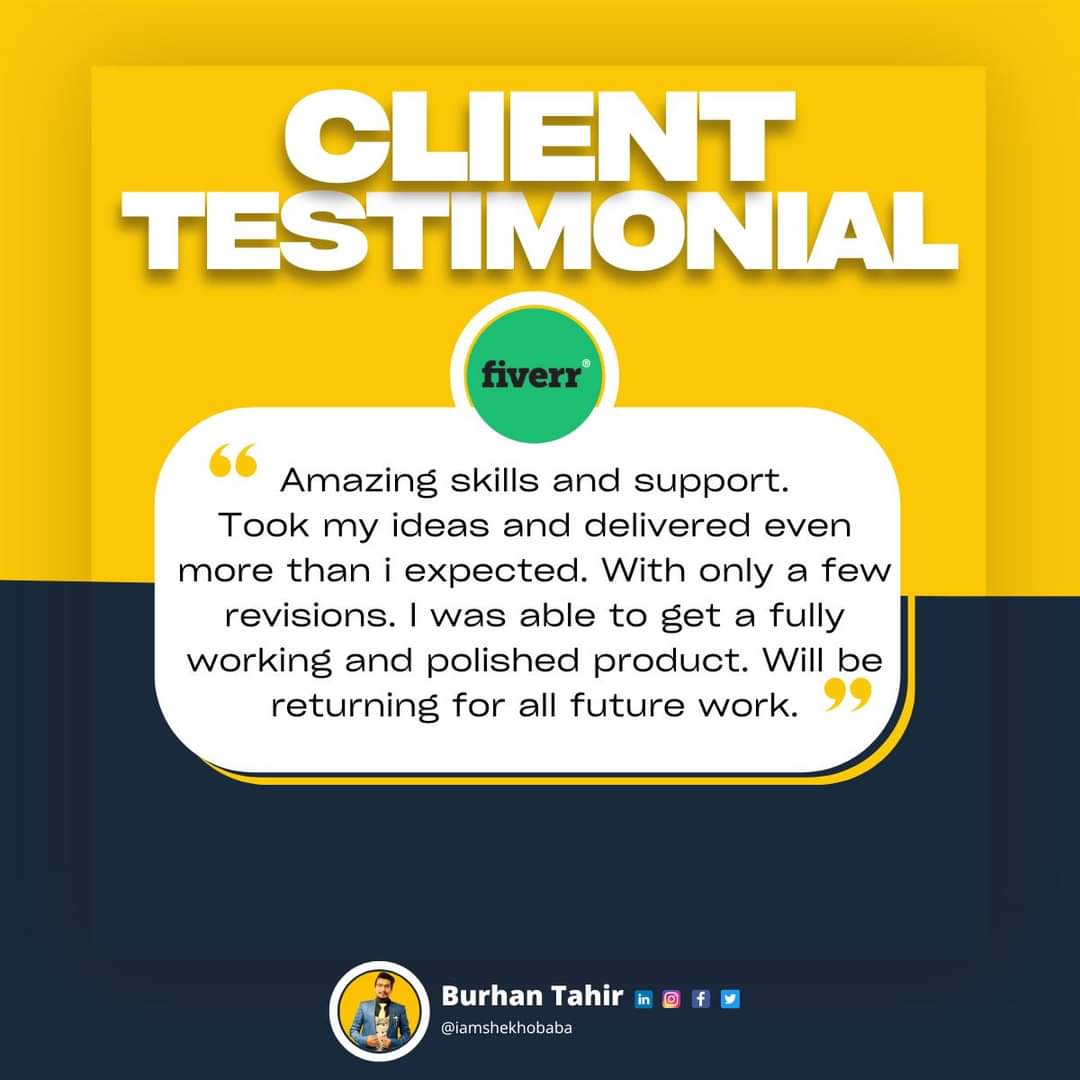 🌟 So grateful to have received this exceptional testimonial from my valued Fiverr client! 🚀✨
.
.
.
.
.
.
.
.
#ClientSatisfaction #HappyClients #FlutterAppDevelopment #ClientTestimonial #ExceedingExpectations #AppDevelopment #Professionalism #AttentionToDetail #TopNotchQuality