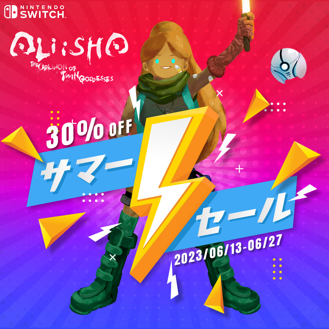 Hey ! 
😆We also jump in summer sale in e-shop jp.
 Wishlist and Buy now! 👉bit.ly/3WYztom

#NintendoSwitch #indiegame #gamedev #indie #ゲーム情報 #gamedev #summersales #aliisha
