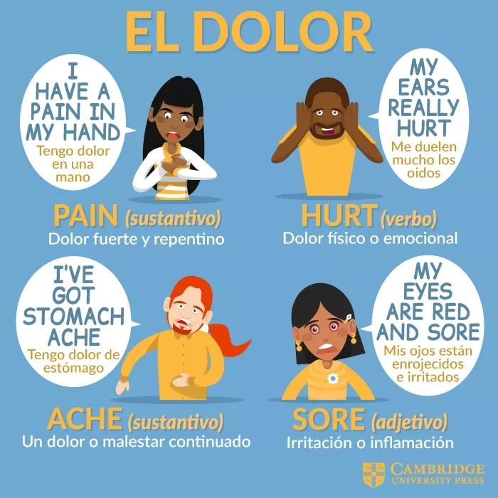 Hola a todos!☀️

Hoy vamos a ver diferentes palabras en inglés relacionadas con el dolor🇬🇧

Foto propiedad de Cambridge University Press.

#ingles #inglés #academia #academy #academiaingles #academiadeinglés #cambridge #cambridgeenglish #vocabulariodeingles #englishexpressions