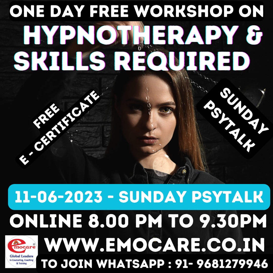 1 days free workshop on Hypnotherapy along with free e-certificate
If interested please join below group 
👇👇👇👇👇
chat.whatsapp.com/Fx8Ofc0q0IvDl2…

#fatmawarsia #hypnotherapy #counsellor #psychologystudentsψ #counsellingskills  #emocare #hypnosis #psychology