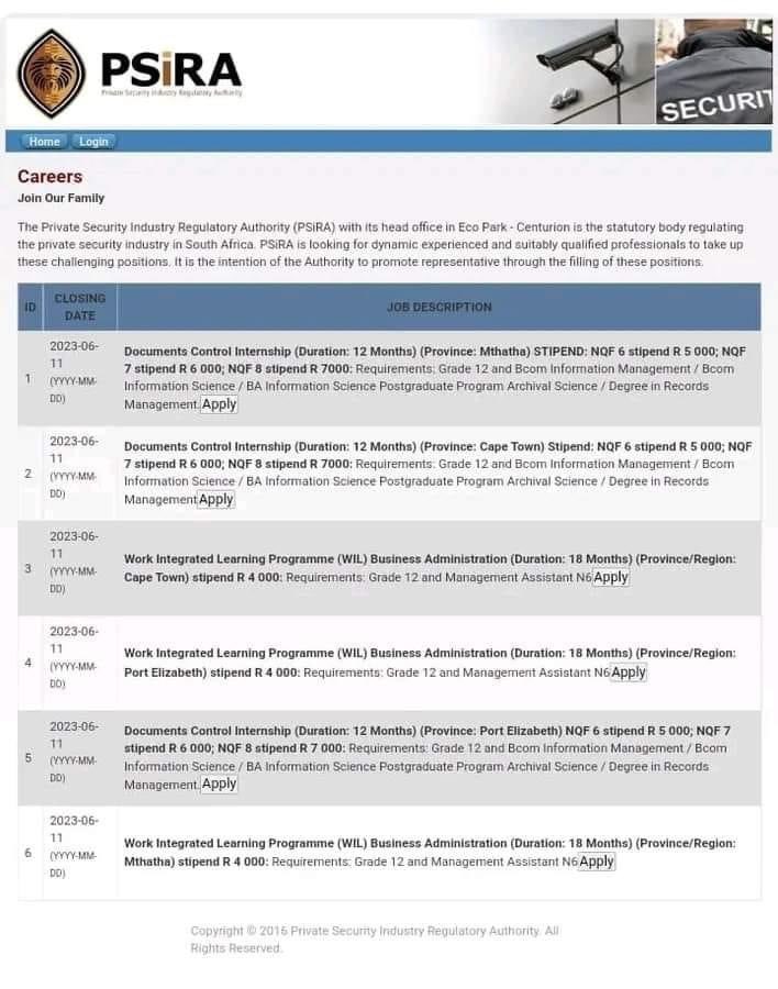 comforttenyeko's tweet image. Private Security Industry Regulator Authority (PSiRA) 

Work Integrated Learning Programme (WIL) 

Stipend: R4 000

Documents Control Internship

NQF 6 stipend R5 000
NQF 7 stipend R6 000
NQF 8 stipend R7 000
Closing Date 11 June 2023
Apply now
recruitment.psira.co.za/advertise/