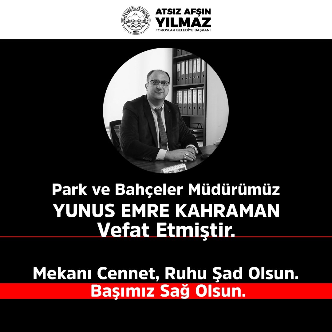Park ve Bahçeler Müdürümüz Yunus Emre Kahraman vefat etmiştir. Merhuma Allah’tan rahmet, ailesi ve yakınlarına başsağlığı dileriz. Mekanı cennet, ruhu şad olsun.