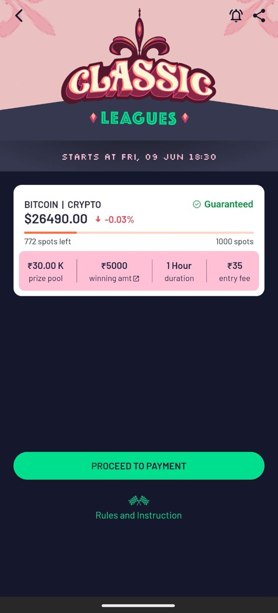 TradewithTL's tweet photo. 🥇#WinningHour Game Alert!
⏰Time: 6:30pm-7:30pm, June 9 (Today)
🏆Prize pool: Rs 30K
Come join the TradingLeagues BTC Classic Leagues game at 6:30pm today, trade smart for one hour, & stand a chance to win upto Rs 5,000!
Tap here to join the game-> https://t.co/w4ClsBrBg0 https://t.co/sQmv2NhgVt