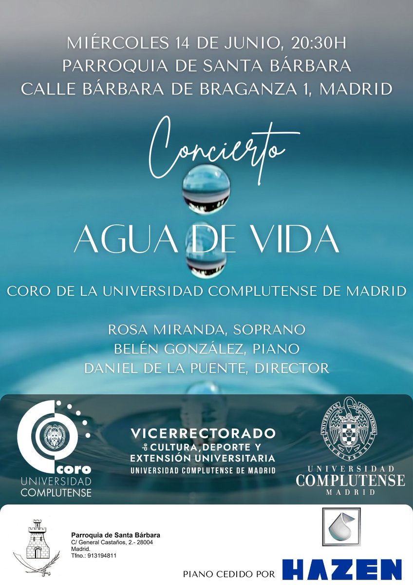 Te esperamos en nuestros conciertos con el programa "Agua de Vida".
📅 Miércoles 14 de junio, 20:30h
 📍  Parroquia de Santa Bárbara, Calle Bárbara de Braganza 1, Madrid