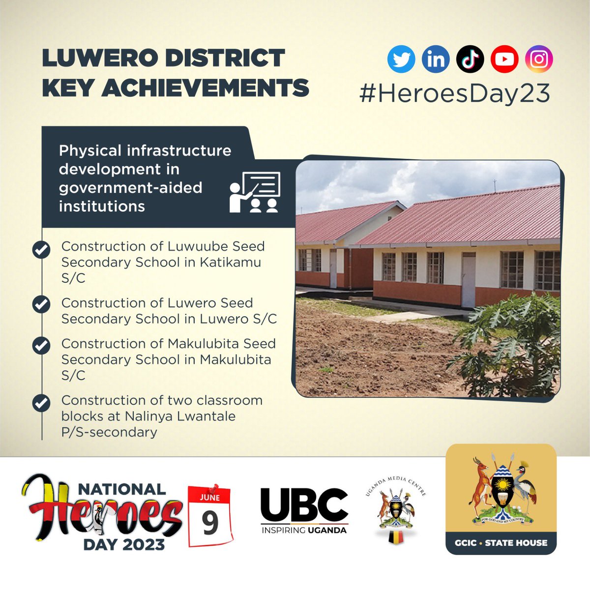 LUWERO DISTRICT KEY ACHIEVEMENTS 🇺🇬#HerosDay23
—————————————————
🇺🇬 Construction of Luwuube Seed Secondary School in Katikamu
S/C.
🇺🇬 Construction of Luwero Seed
Secondary School in Luwero S/C
🇺🇬 Construction of Makulubita Seed Secondary School in Makulubita
S/C
🇺🇬 Construction…