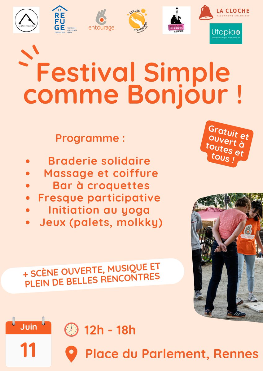 La fête Simple Comme Bonjour, organisée par Entourage, c'est dimanche, place du Parlement de Bretagne à Rennes, de 12h à 18h ! De nombreuses animations vous attendent :