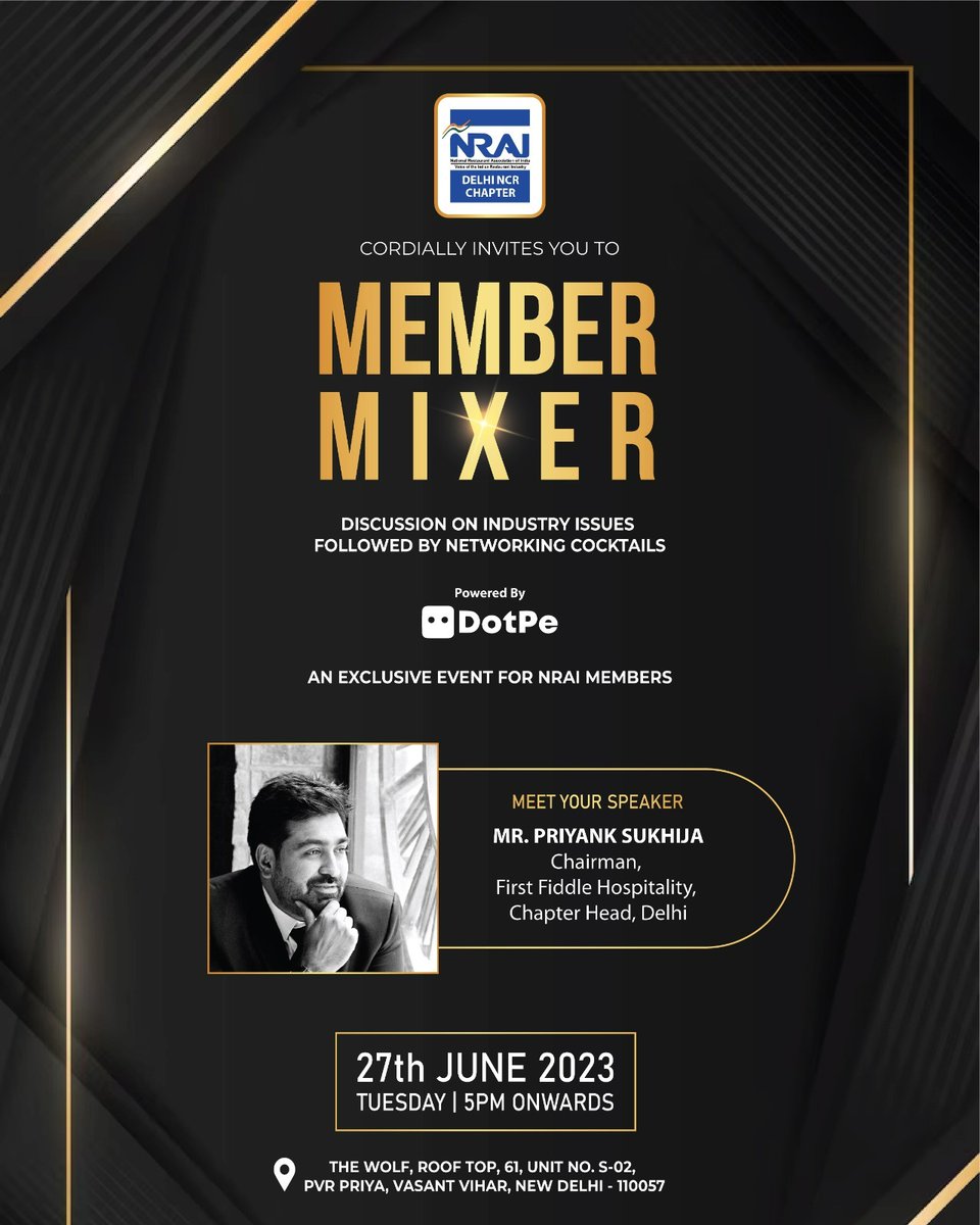 Introducing our first speaker for our upcoming event, the 'Member Mixer' Mr. Priyank Sukhija, Chairman, First Fiddle Hospitality, Chapter Head, Delhi On Tuesday, 27th June at The Wolf in Vasant Vihar, Delhi, starting from 5 PM onwards. RSVP Tanvi Bhageria at +91-8010836633