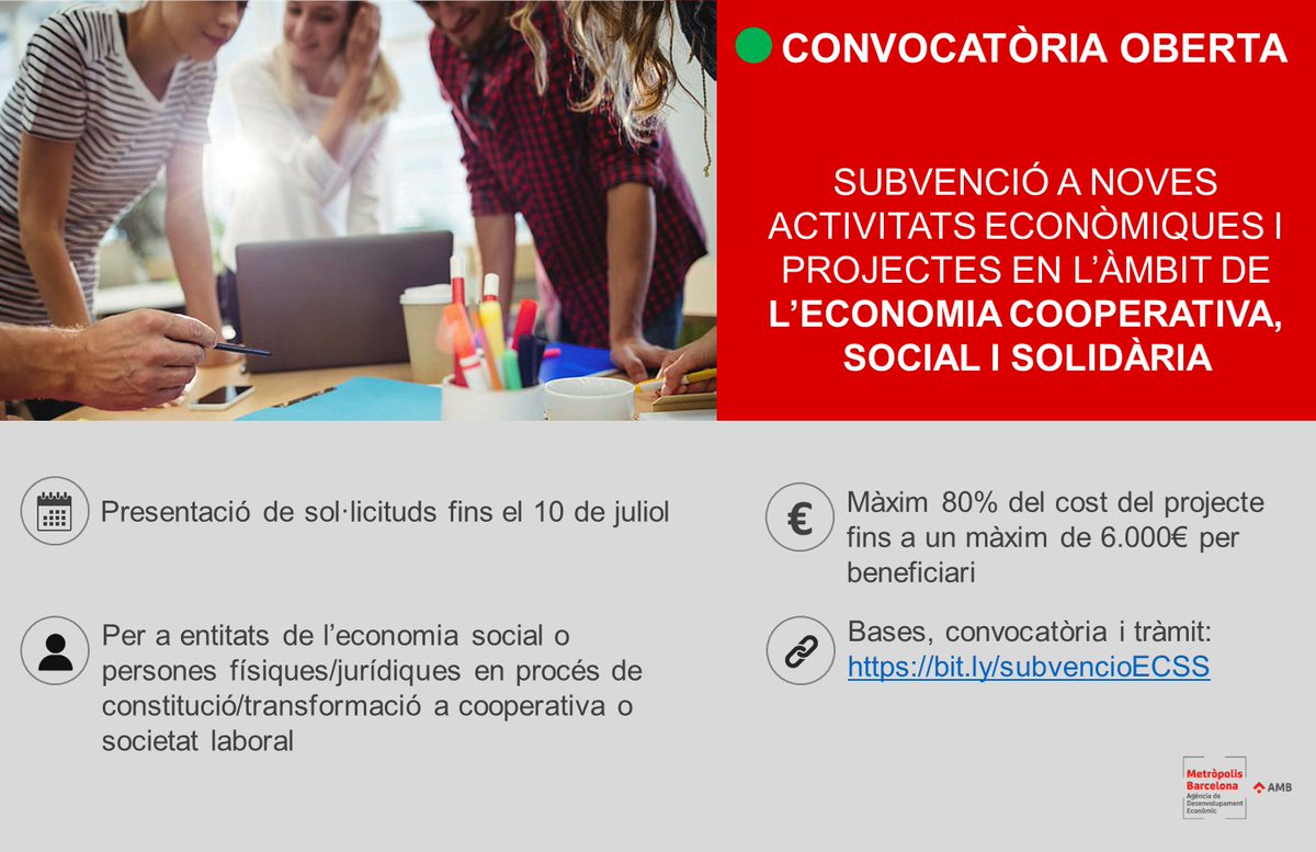 AgenciaEconAMB's tweet photo. 📢 Oberta la convocatòria de #subvencions a noves activitats econòmiques o projectes d’economia cooperativa, social i solidària

👉 Consulta les NOVES bases i convocatòria: https://t.co/ATqWAibTY7

📝 Recorda utilitzar els formularis annexes

#AMB #AgenciaEcon #economiasocial https://t.co/uQNQ6i1EZv