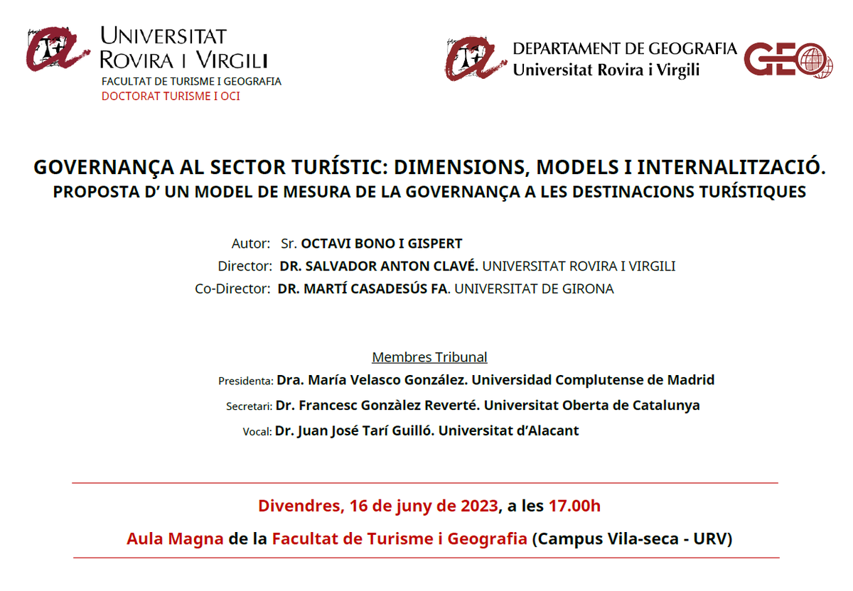 📚Anota a l'agenda! Defensa de tesi doctoral a càrrec del doctorant @octavibono sobre governança i turisme👇 🗓️16/06/2023 ⏰17:00h 📍@ftgURV Tesi dirigida per Dr.@SalvadorAntonC i Dr. Martí Casadesús. 👉Si voleu saber una mica més d'aquesta recerca: gratet.urv.cat/ca/tesis-i-tre…