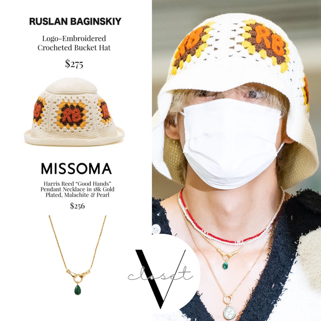 Taehyung Wore

- Raslan Baginskiy Hat
- Missoma Necklace

#KimTaehyung #thv #aiport #Taehyung #V #BTS  #thvcloset #haveasafeflighttaehyung #itboy #outfitoftheday 
#김태형 #뷔 #태형 #태태 #방탄소년단뷔