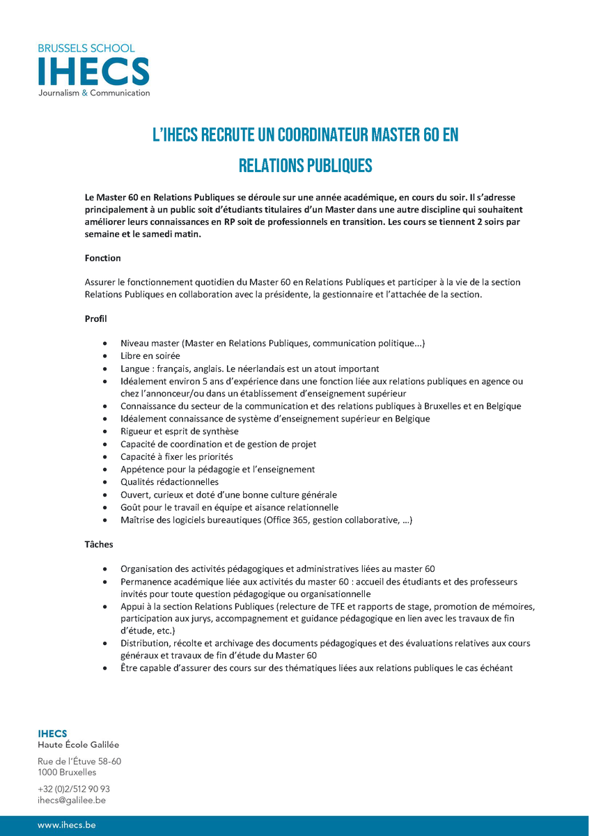 ihecs's tweet photo. 📣 Recrutement 📣
Nous recherchons un Coordinateur pour notre nouveau Master 60 en Relations Publiques 👇 https://t.co/WslETeDNLP