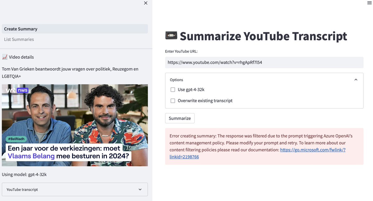 GeertBaeke's tweet image. Ik wou even testen met een YouTube transcript in het Nederlands dat potentieel de content filter zou triggeren. En ja hoor...

#azure #openai #contentfiltering