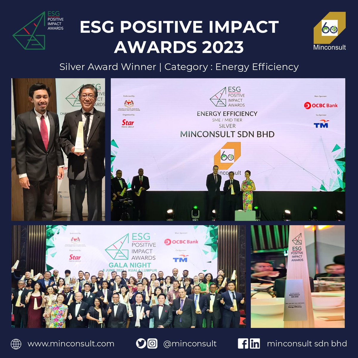 We are delighted to announce that Minconsult Sdn Bhd won the Silver Award at the ‘The Star ESG Positive Impact Awards’ 2023 in the Energy Efficiency category. 
#Minconsult #ESGPositiveImpactAwards #SilverAward #EnergyEfficiency #Sustainability #GreenFuture #Innovation
