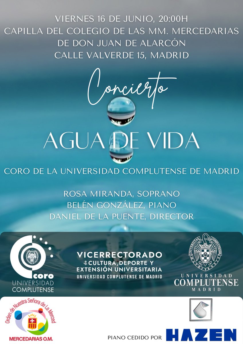 Te esperamos en nuestros conciertos con el programa "Agua de Vida".
📅 Viernes 16 de junio, 20:00h
 📍  Capilla del Colegio de las MM. Mercedarias de Don Juan de Alarcón, Calle Valverde 15, Madrid
