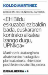 zabaltzen's tweet image. 🗣️ @geroabai a @ehbildu: #eskuzabaltasuna! Boto gehien lortu zuenak, ardura gehio du #Iruñea-k #euskara-ren kontrako Alkatea izan ez dezan.
🤷‍♀️Quien más votos tuvo, mayor responsabilidad tiene para que en #Pamplona no haya alcalde con #euskarafobia
✍️berria.eus/paperekoa/1857…