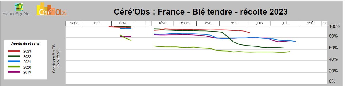 MD_fr_grains's tweet image. #France, #cropprogress : Baisse des conditions de culture de bonnes à excellentes  : 
des blés d'hiver de -3 points à 88 %. 
des maïs de -4 points à 88% 
(source : FranceAgriMer)