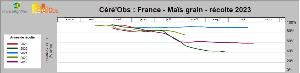 MD_fr_grains's tweet image. #France, #cropprogress : Baisse des conditions de culture de bonnes à excellentes  : 
des blés d'hiver de -3 points à 88 %. 
des maïs de -4 points à 88% 
(source : FranceAgriMer)