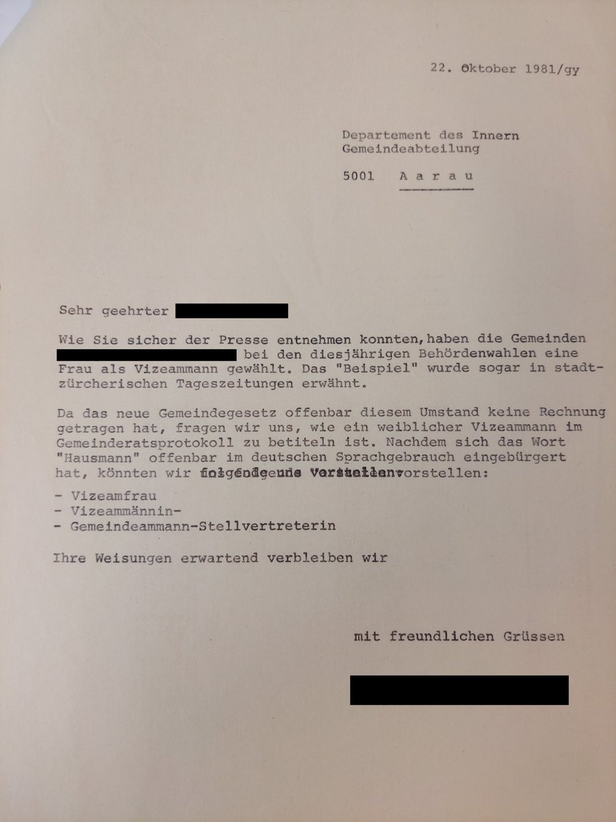 Passend zum heutigen feministischen Streik: Vizeamfrau, Vizeammännin oder Gemeindeammann-Stellvertreterin? 

#1981
#archivtrouvaillen #kommunalarchive